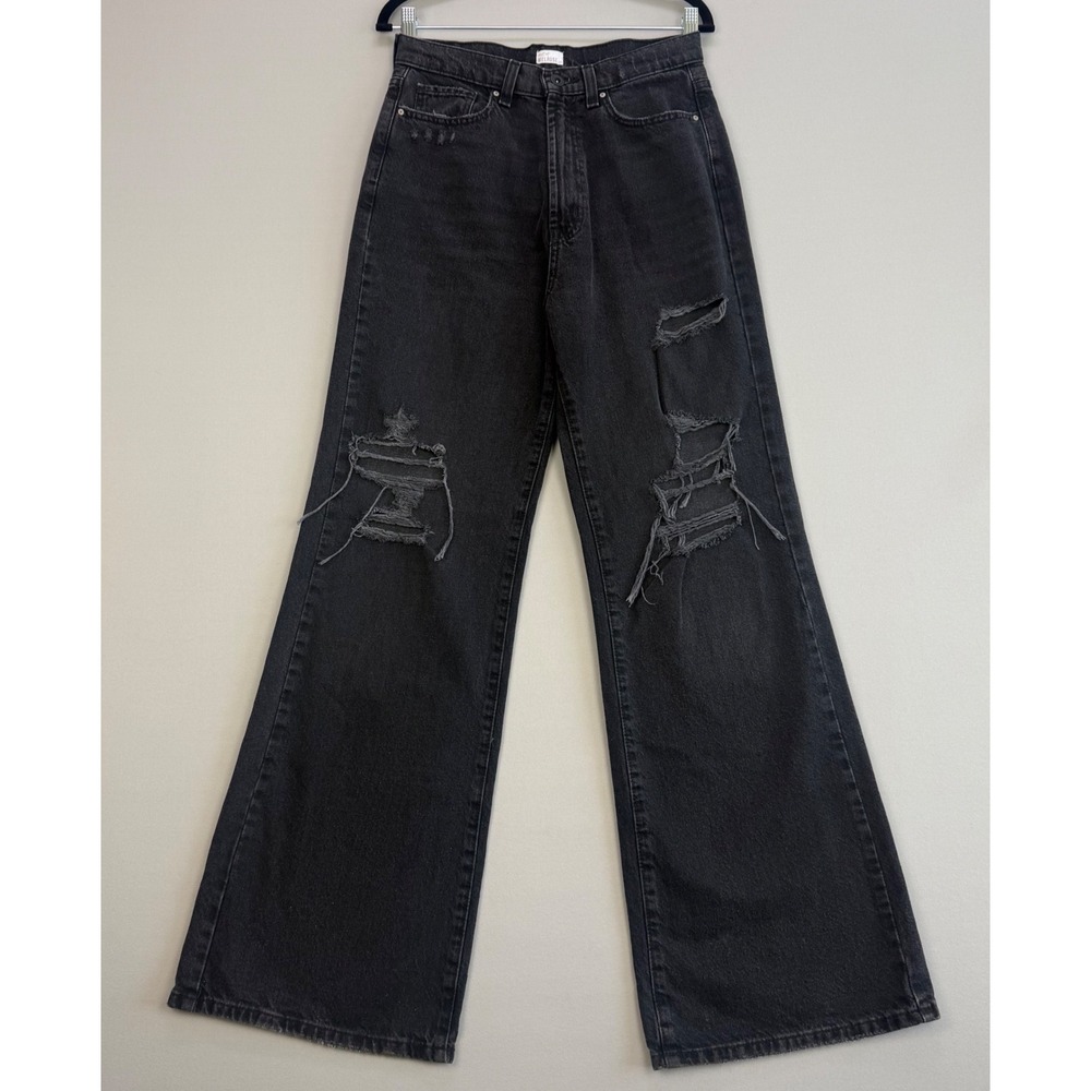 90s Skater Grunge Wide Leg High Rise Distressed Jeans Shredded Washed Black 28